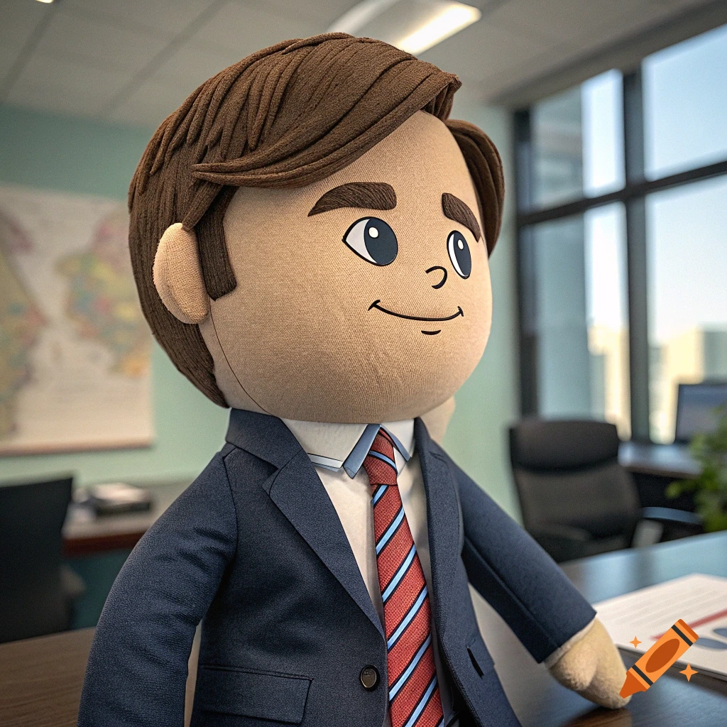 A plush doll of a man with brown hair, wearing a blue suit and a striped red and blue tie, stands in an office setting.