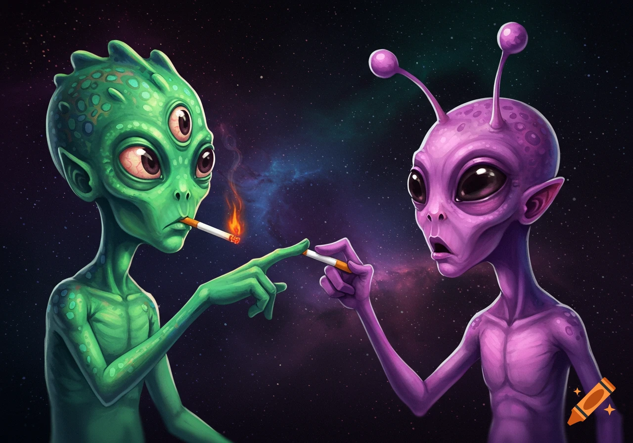 A cartoonish illustration of a green three-eyed alien lighting a cigarette in its mouth from a cigarette held by a purple alien against a space background.