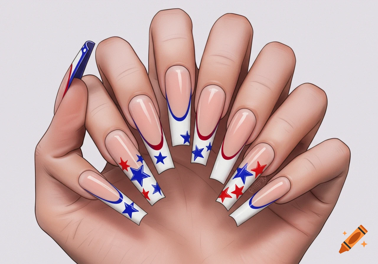 An illustration of a hand with long, coffin-shaped French tip nails featuring red, white, and blue designs with stars.