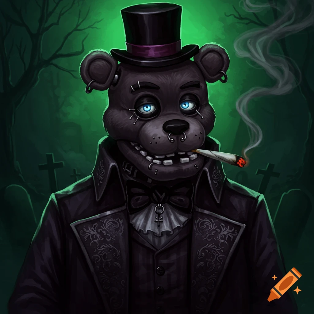 A gothic Freddy Fazbear character with piercings, in a top hat and black gothic attire, smoking a blunt in a dark forest.