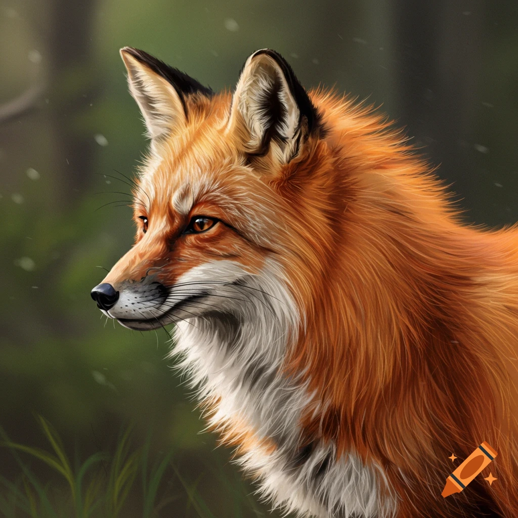 A detailed close-up portrait of a red fox with sharp orange eyes, looking to the left in a natural, blurred forest background.