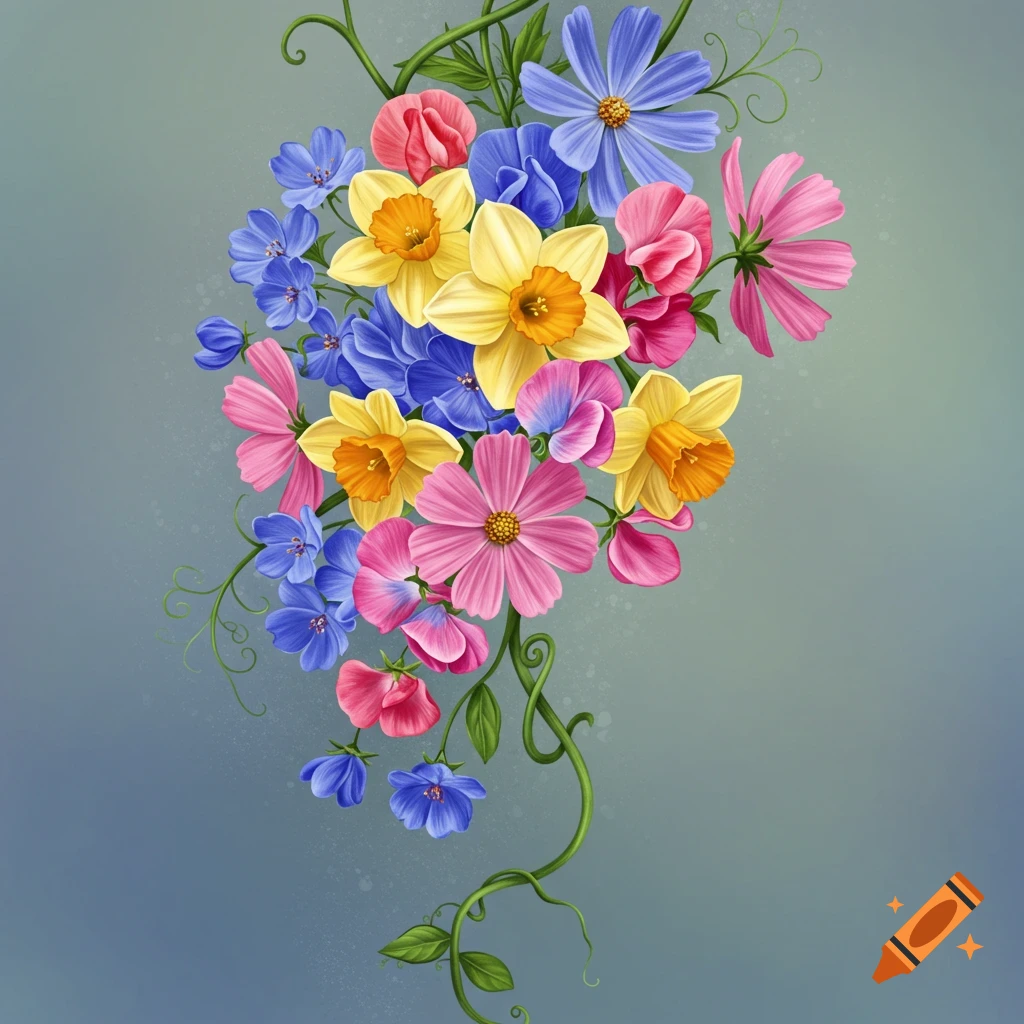 Vibrant illustration of a bundle of pink, yellow, and blue flowers like daffodils, sweet peas, and cosmos on a green vine.