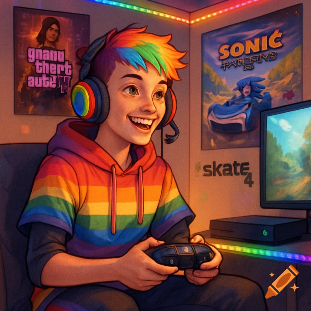A smiling young gamer with rainbow hair and a rainbow hoodie plays video games in a room with rainbow LED lights and game posters.