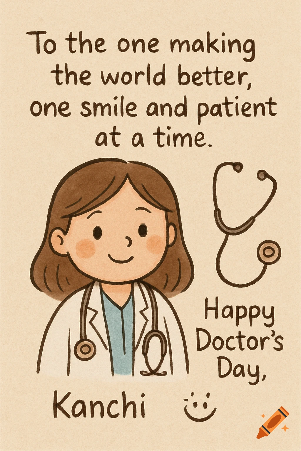 A cartoon illustration of a female doctor with a stethoscope around her neck and a separate stethoscope doodle. Text reads, "To the one making the world better, one smile and patient at a time. Happy Doctor M-Day, Kanchi" and a smiley face emoji.