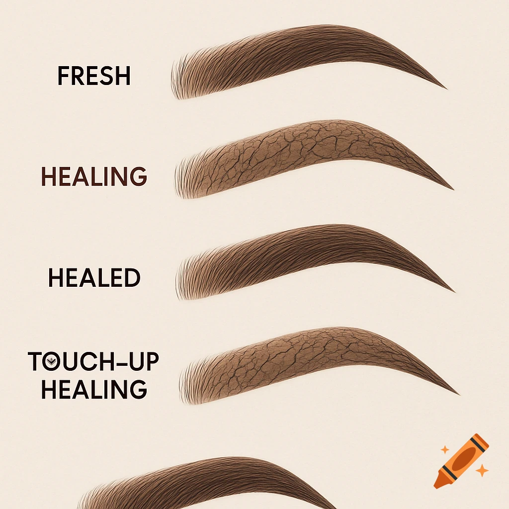 Diagram illustrating five stages of eyebrow healing for cosmetic procedures, including fresh, healing with crackling skin, healed, and touch-up healing.