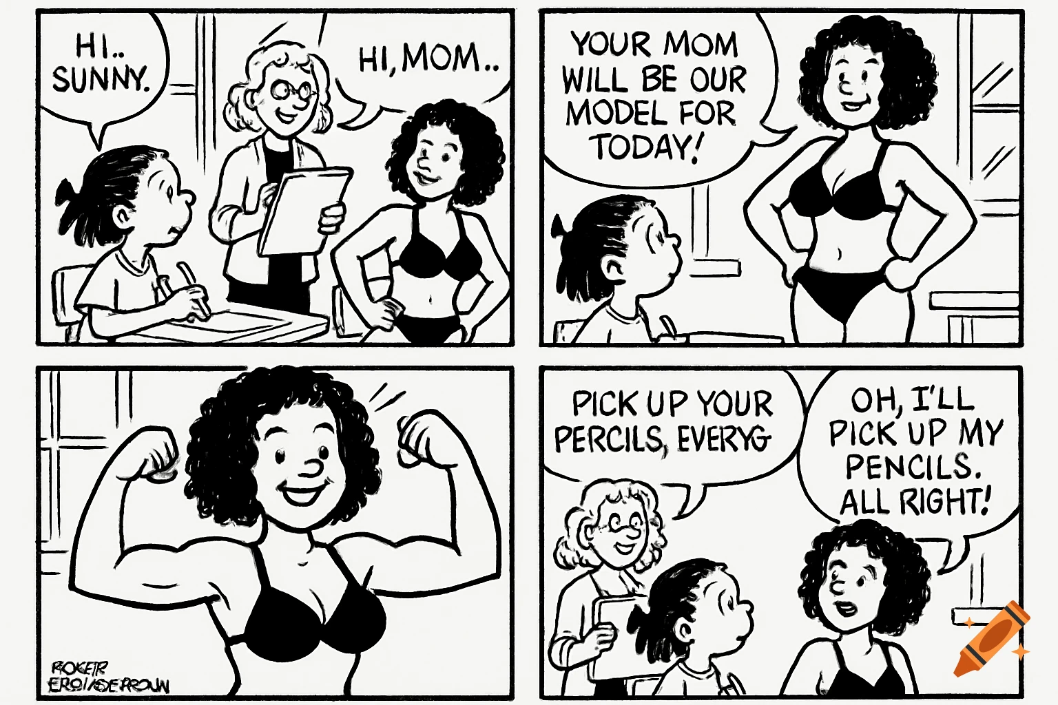 Black and white comic strip showing a mother in a bikini modeling for her daughter's art class. She flexes her muscles in the third panel.