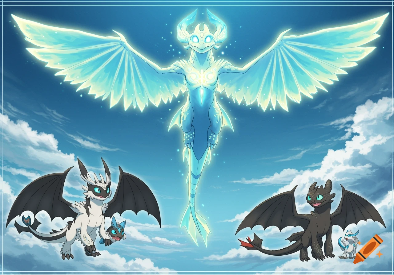 Anime-style illustration of a large glowing blue dragon hovering in a cloudy sky, with a smaller black dragon and a white dragon with black wings below it.