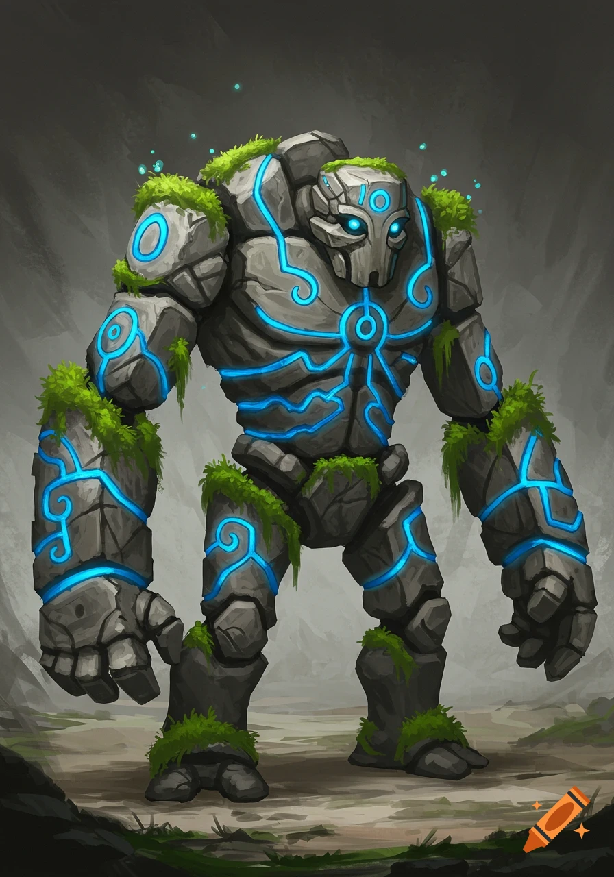 A stylized stone golem creature with glowing blue patterns etched into its body and green moss growing on its limbs, standing against a dark background.