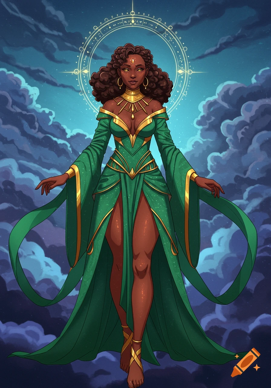 A Black anime goddess in a flowing green and gold dress floats against a cloudy, starry blue sky, with a golden halo around her head.