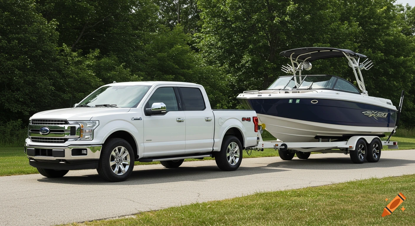 A white Ford F-150 pickup truck towing a dark blue and white Yamaha wake boat on a trailer down an asphalt road, surrounded by green trees and grass.