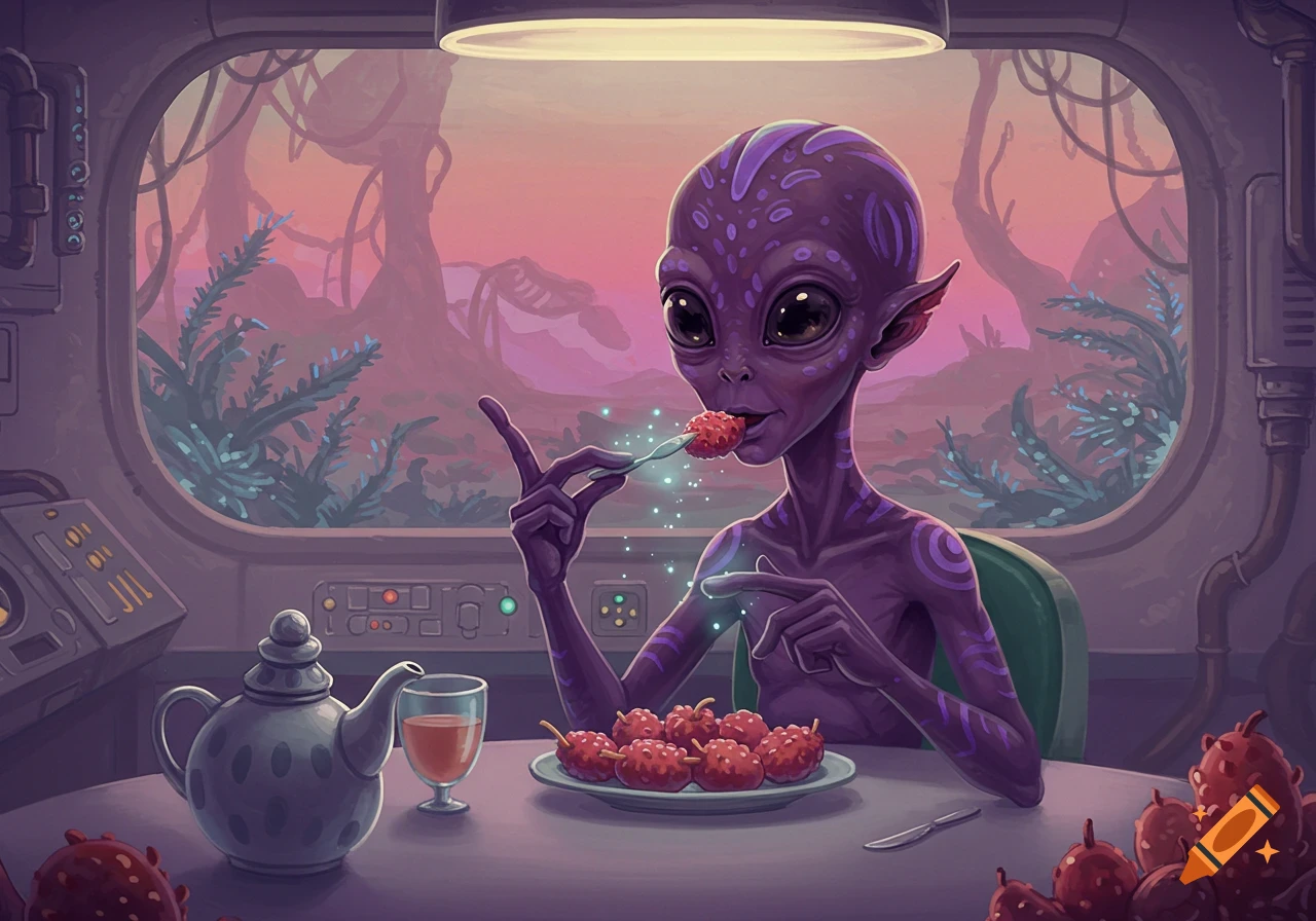 Purple alien eating glowing red food with a fork inside a spaceship, looking out a window at a pink and purple alien landscape.