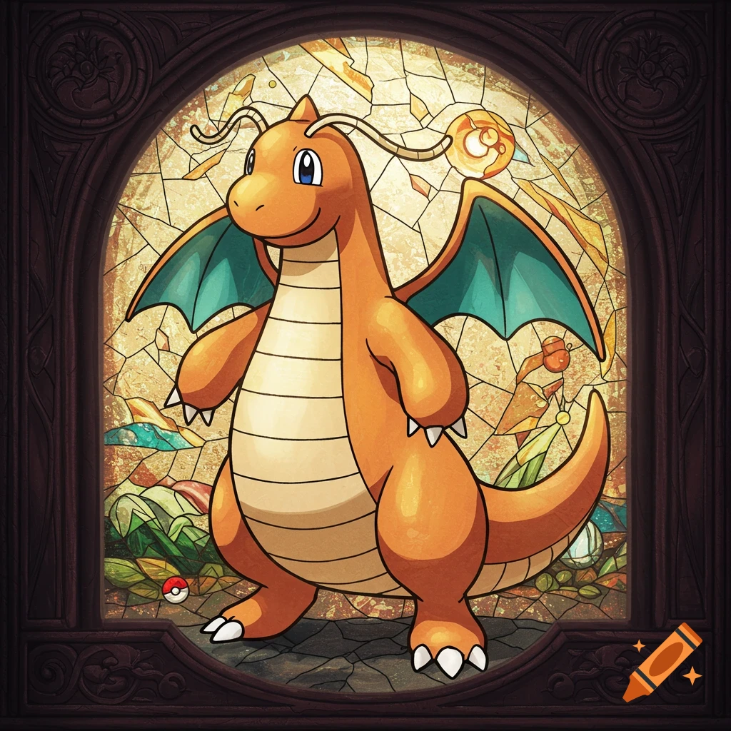 A vibrant orange Dragonite with teal wings rendered in stained glass, framed by an ornate brown arch, with a colorful stained glass landscape behind it.