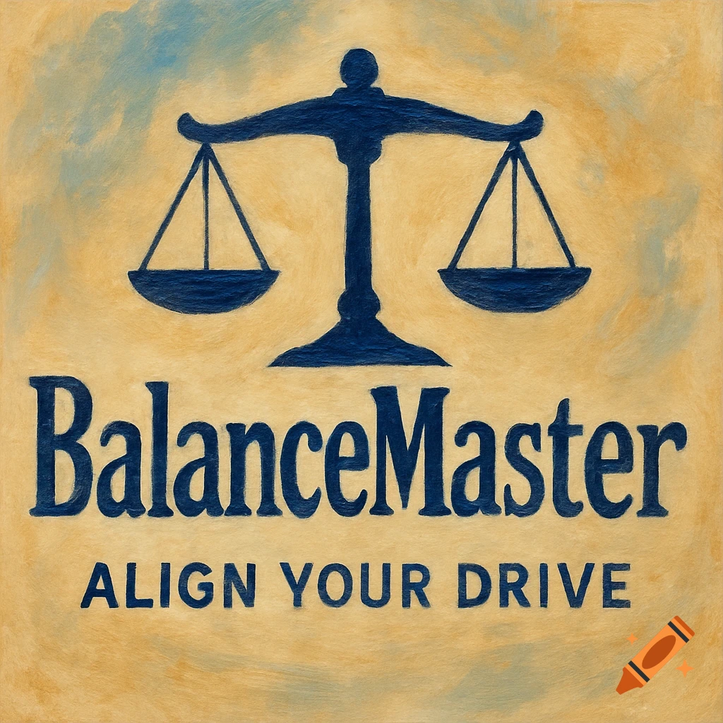 A dark blue logo on a textured yellow background featuring a balance scale above the words "BalanceMaster" and "ALIGN YOUR DRIVE".