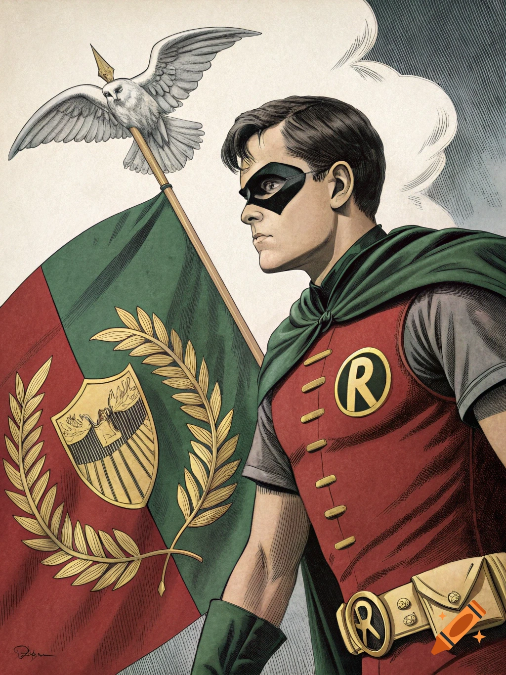 An old-school comic book illustration of Robin, wearing a red and green costume, standing next to a flag with an eagle and wreath emblem.
