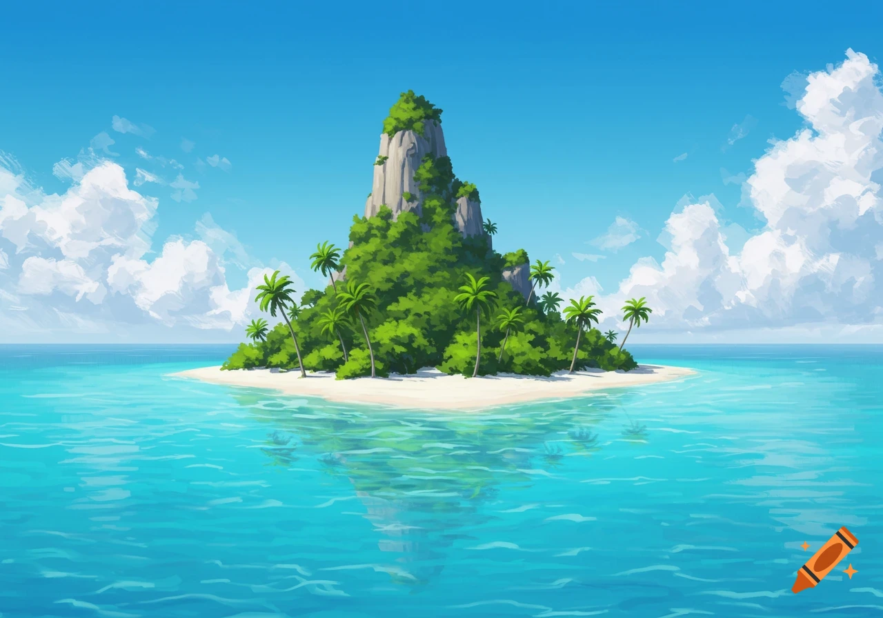 A vibrant illustration of a tropical island with a tall, green mountain, white sand beach, and clear blue ocean under a bright sky.