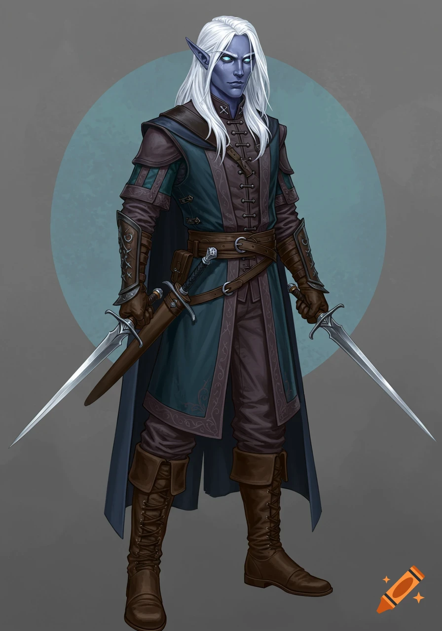 A male drow character with white hair, blue eyes, and grey-blue skin, wearing fantasy attire and holding two daggers.