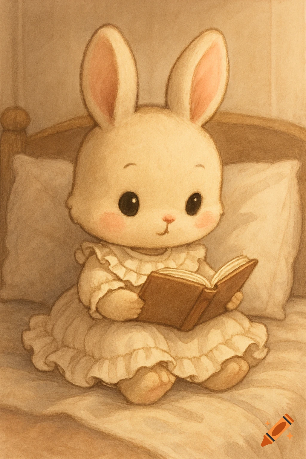 Chibi bunny in ruffle dress sitting in bed, reading a book. Soft, warm illustration.