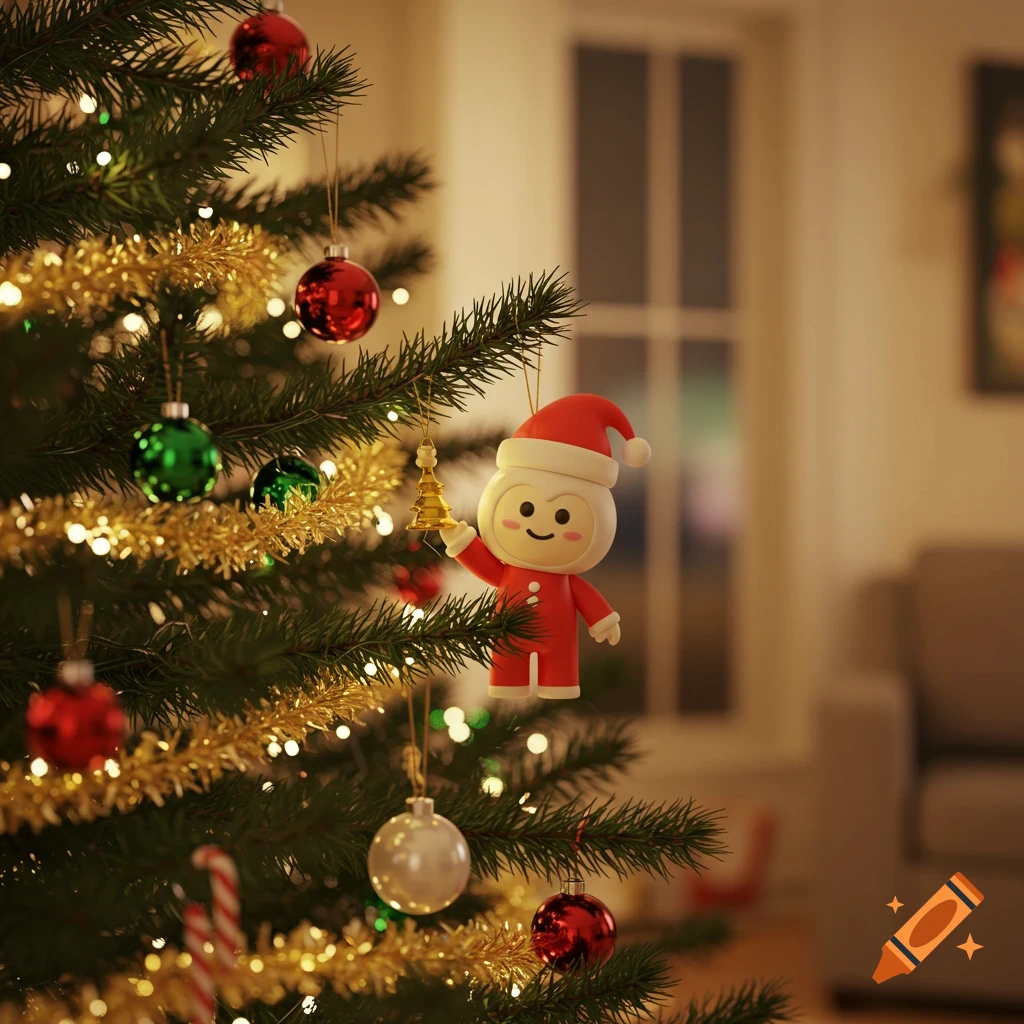 A cute, stylized Santa-like ornament hangs on a Christmas tree adorned with gold tinsel, colorful baubles, and twinkling lights.