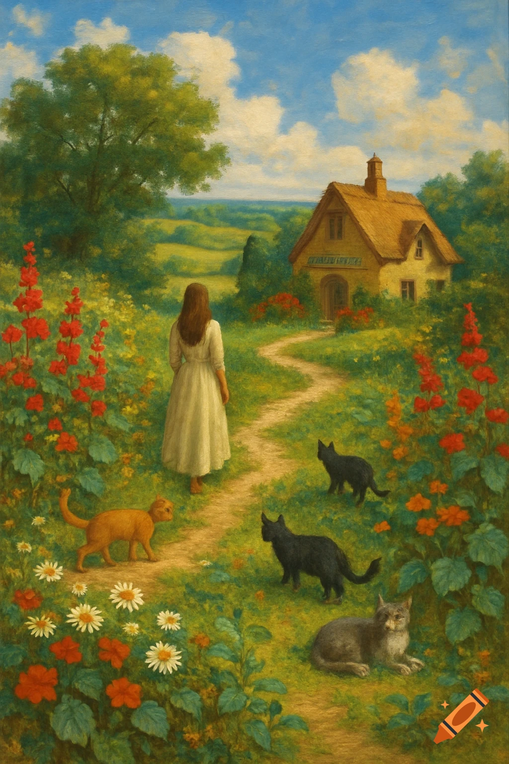 A painting of a woman in a white dress walking on a path towards a cottage in a lush, flower-filled landscape, with four cats nearby.