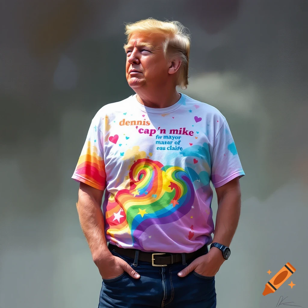 Donald Trump in a rainbow t-shirt with 'dennis cap'n mike for mayor of eau claire' text, standing with hands in pockets.