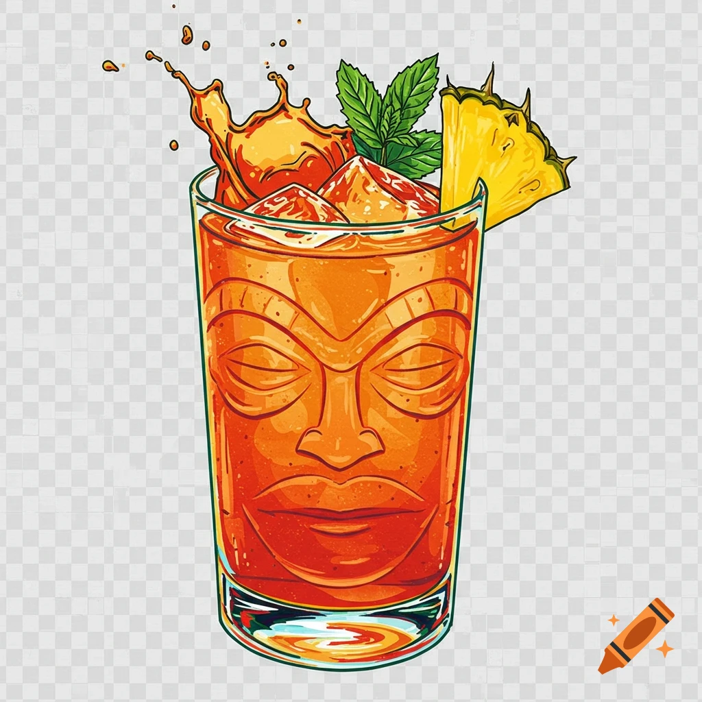 Vibrant digital art illustration of an orange Mai Tai cocktail in a tiki mug, garnished with pineapple and mint, with a splash effect.