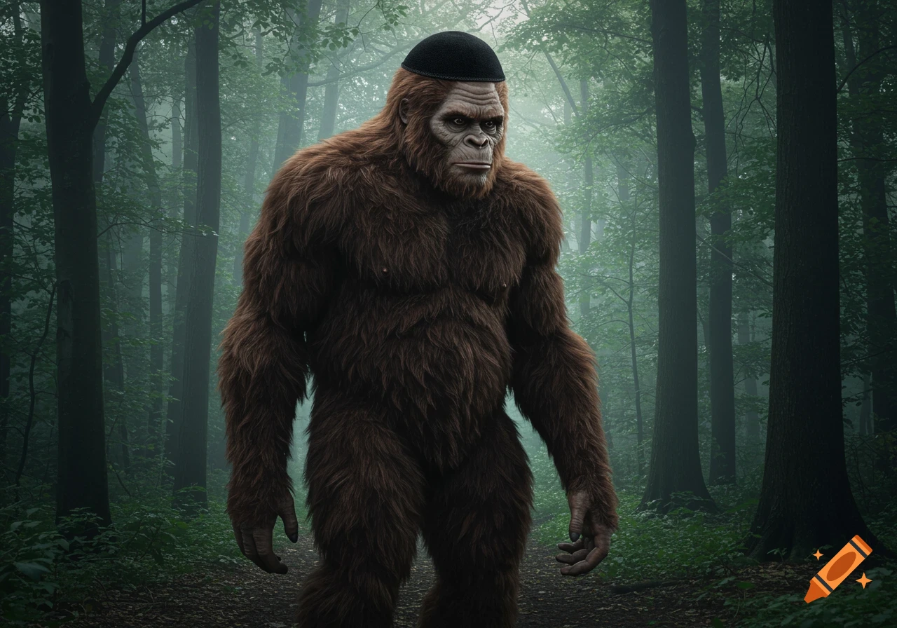 Photorealistic Bigfoot wearing a black kippah stands in a misty forest.