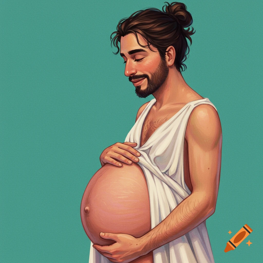 An illustration of a smiling man with a beard and a top knot, holding his large pregnant belly while wearing a white tunic.