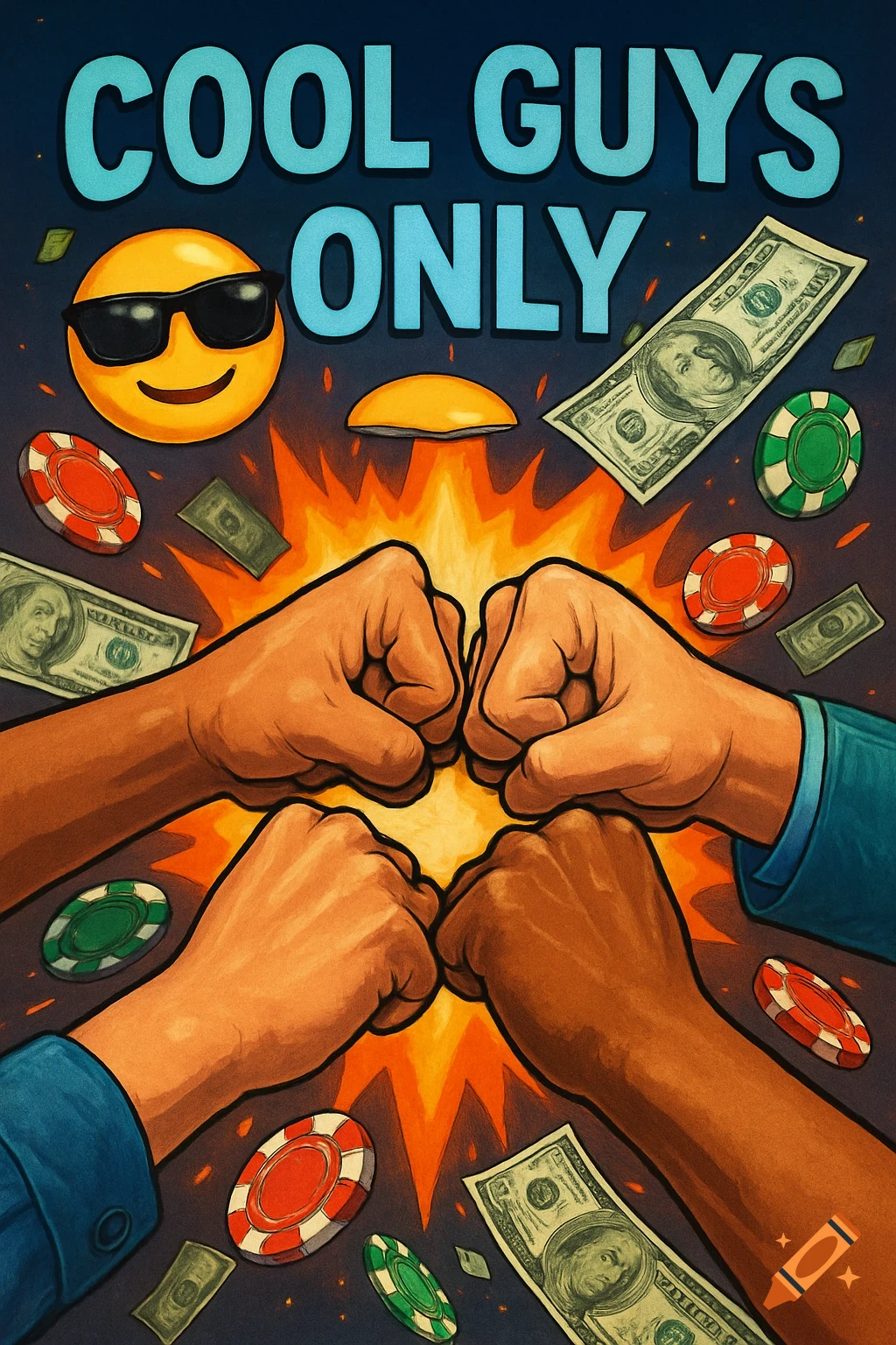 Four hands in a fist bump over an explosion, surrounded by casino chips and dollar bills, with a sunglasses emoji and 'COOL GUYS ONLY' text.