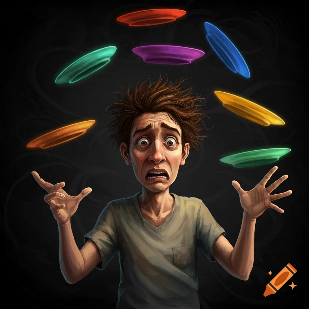 An anxious, wide-eyed man with messy hair struggles to keep six colorful plates spinning around him in a cartoon illustration.