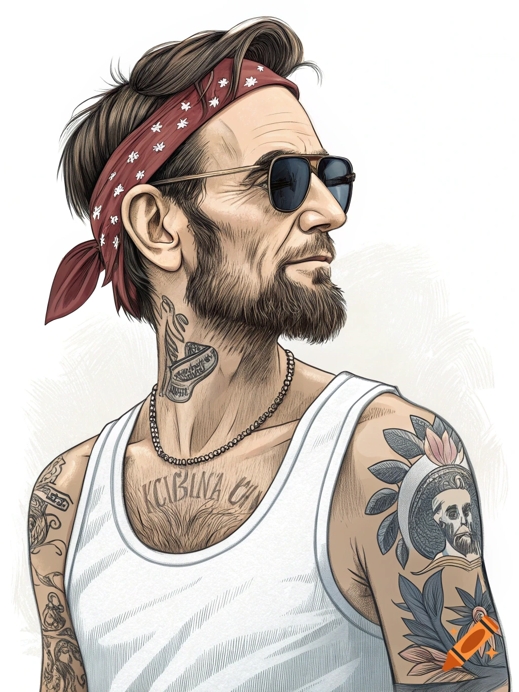 An illustration of Abraham Lincoln with a beard, sunglasses, a red bandana, and a white tank top, covered in tattoos.