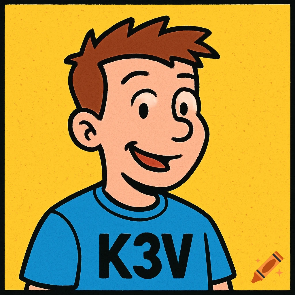 A retro 90s cartoon avatar of a smiling boy with brown hair wearing a blue shirt with "K3V" printed on it, set against a yellow background.