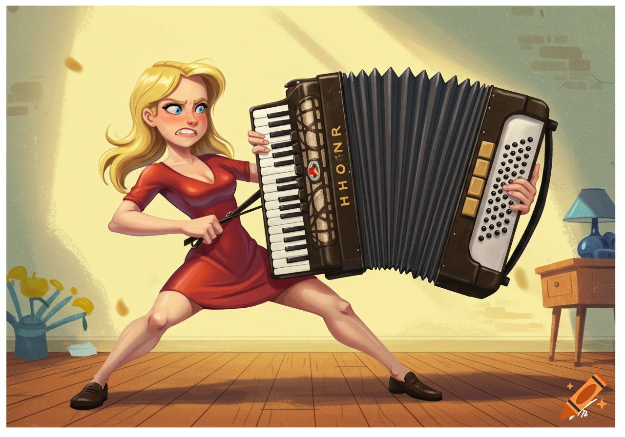 A blonde woman with a determined expression vigorously plays a large accordion in a cartoon illustration style.