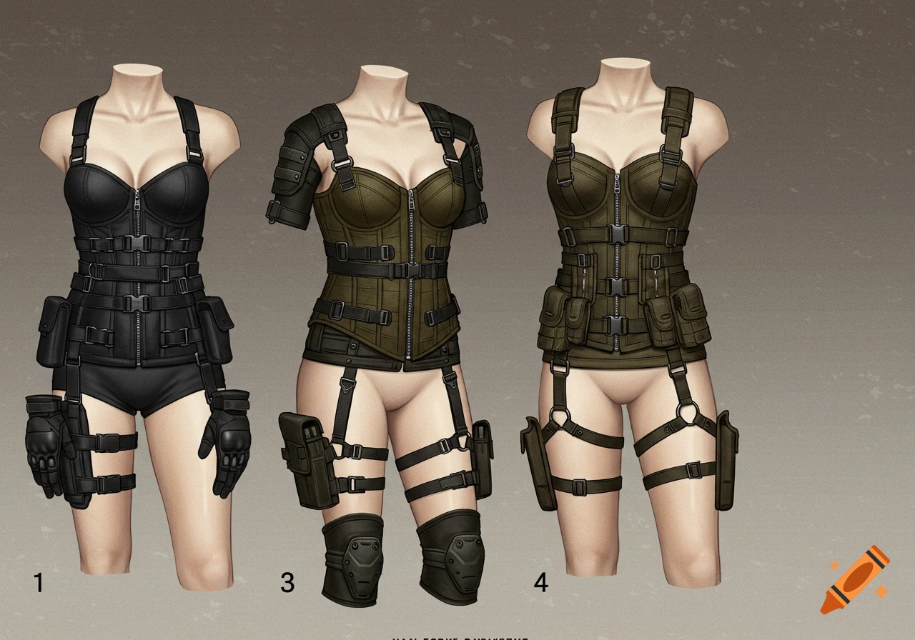 Three tactical corset designs displayed on mannequins, showing black and olive green options with various straps, pouches, and accessories in a semi-realistic digital illustration style.