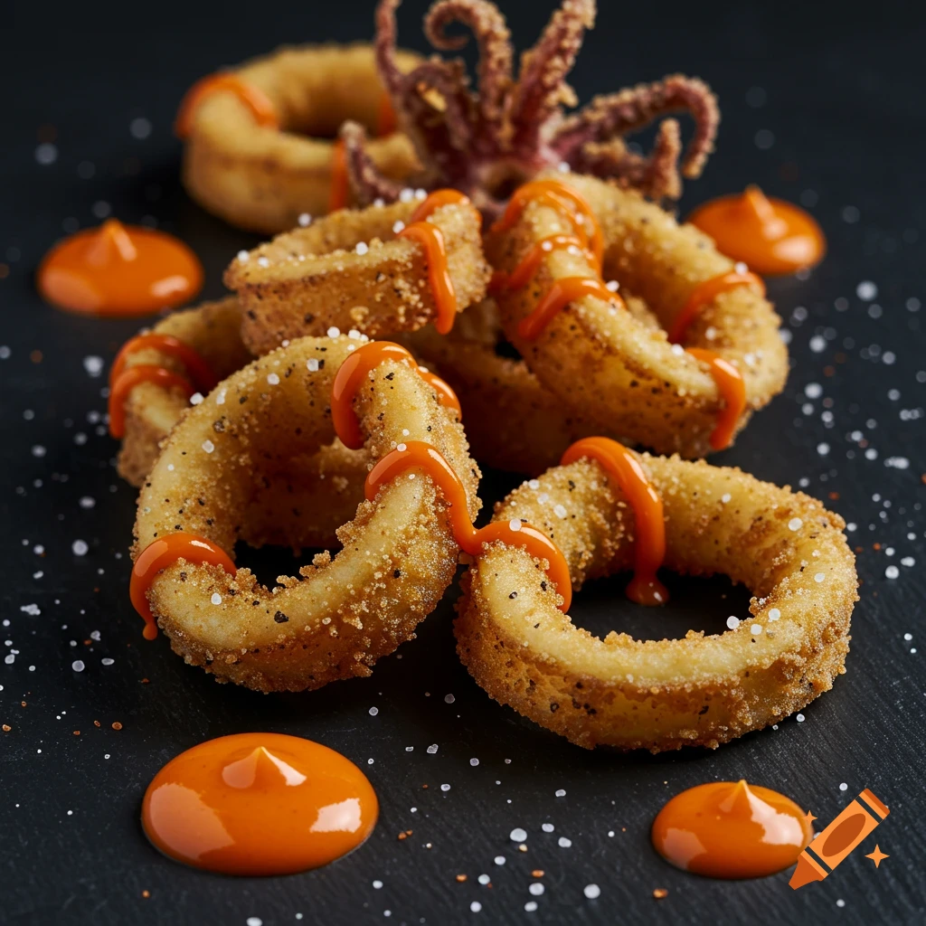 Crispy calamari rings drizzled with orange sauce and sprinkled with salt on a dark surface.