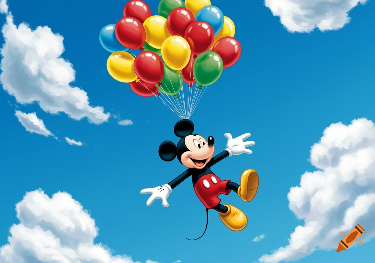 Mickey Mouse cartoon character flying through a blue sky, holding a large bunch of colorful balloons.