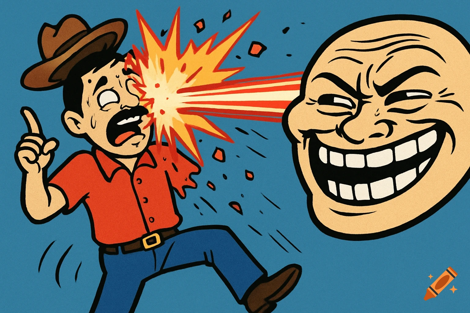 A cartoon man in a cowboy hat is shocked as a red laser beam shoots from a grinning meme face, striking his eye.