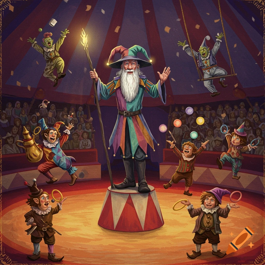 An intricately detailed illustration of a fantastical circus show featuring a wizard-like ringmaster, jesters, and acrobats under a striped big top.