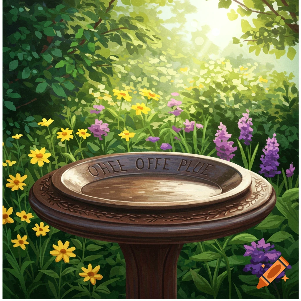 A brown birdbath or offering plate with ornate carvings sits in a lush, sunlit garden filled with yellow and purple wildflowers and green foliage, in a painterly style.