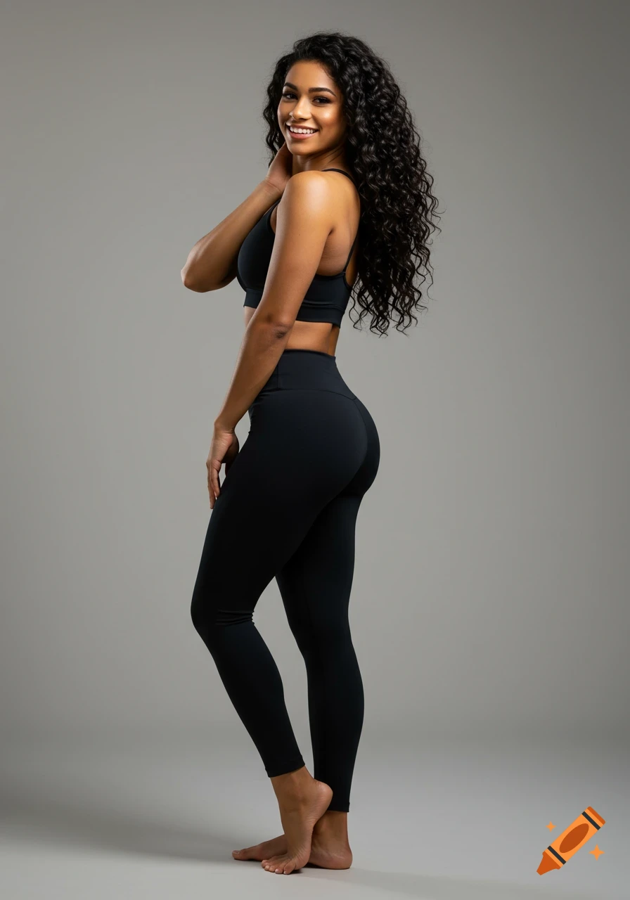 Photorealistic portrait of a smiling woman with long curly hair in a black sports bra and leggings, posing on a grey background.