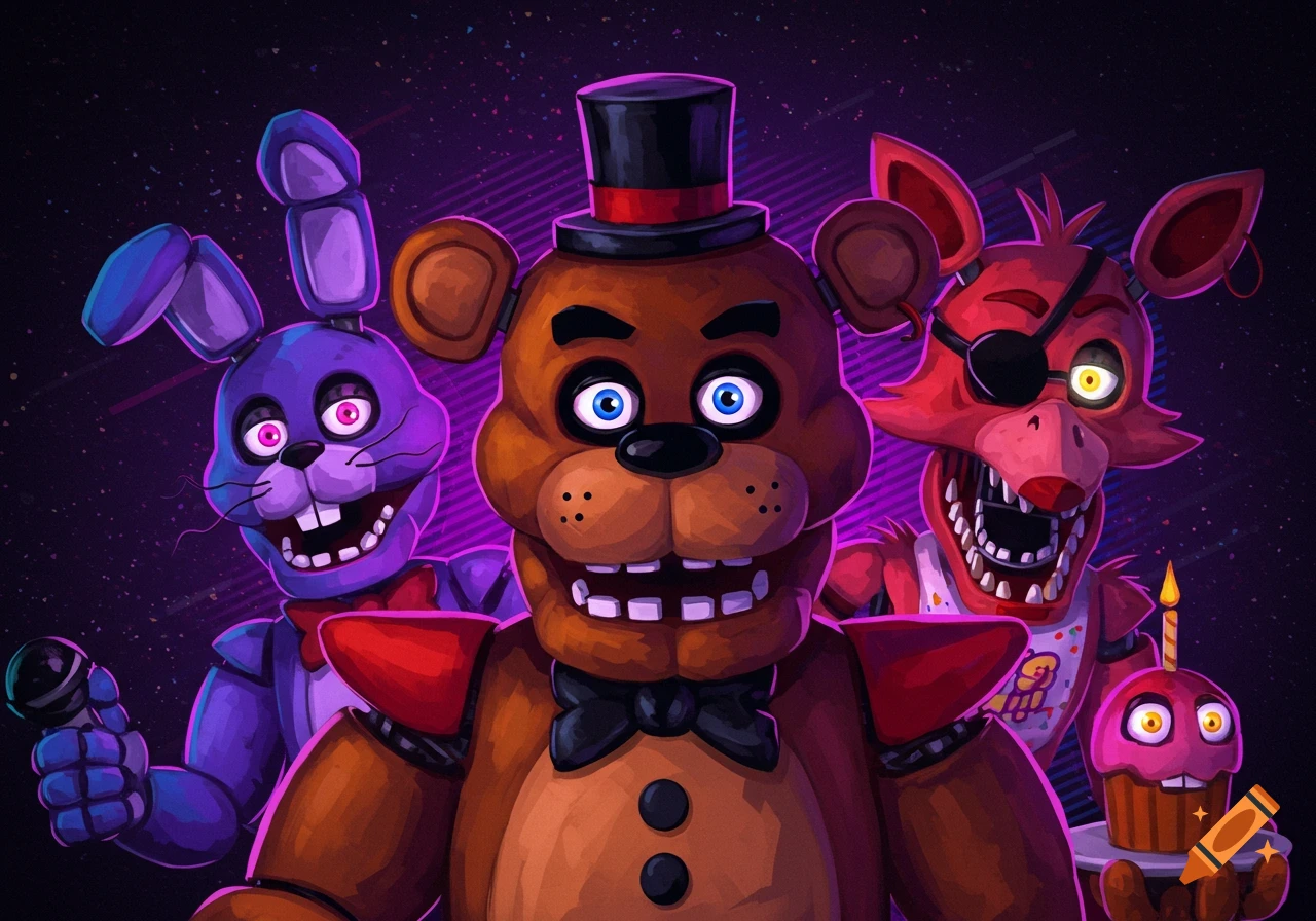 Illustration of Freddy, Bonnie, and Foxy from Five Nights at Freddy's with a dark purple background.