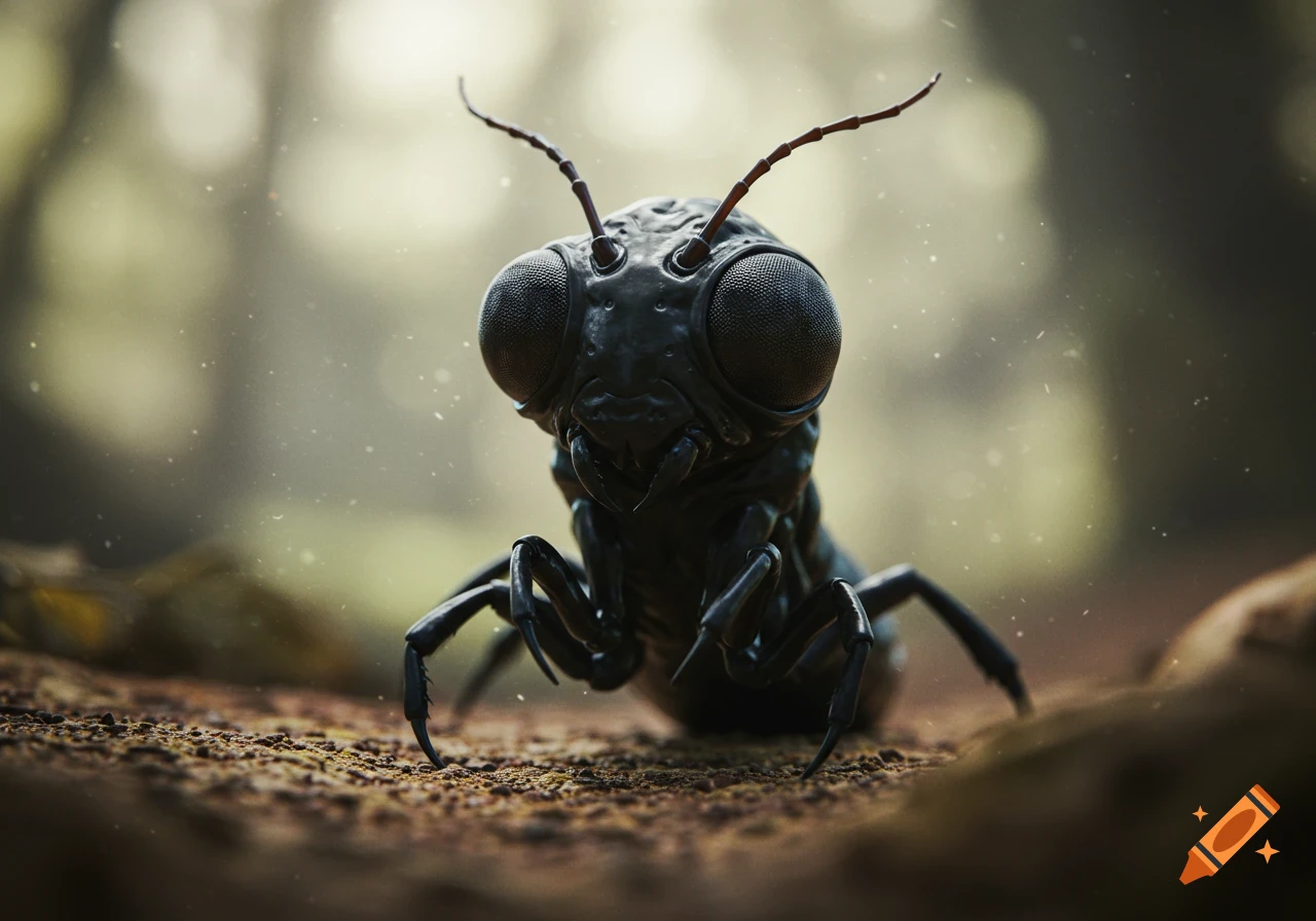 Photorealistic close-up of a dark insect-like creature with large compound eyes and antennae on textured ground in a forest.