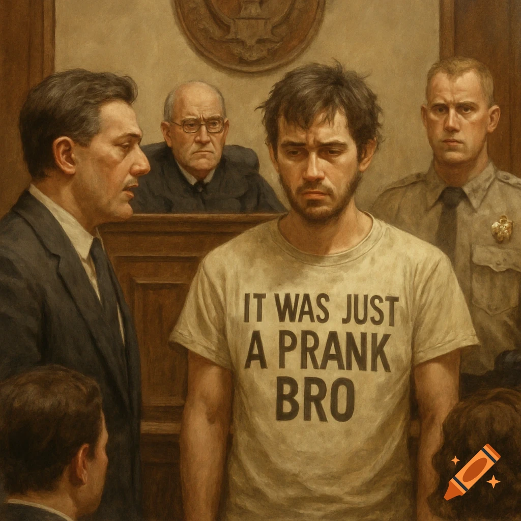 A man in a "IT WAS JUST A PRANK BRO" t-shirt stands in a courtroom with a lawyer, judge, and officer. Realism.