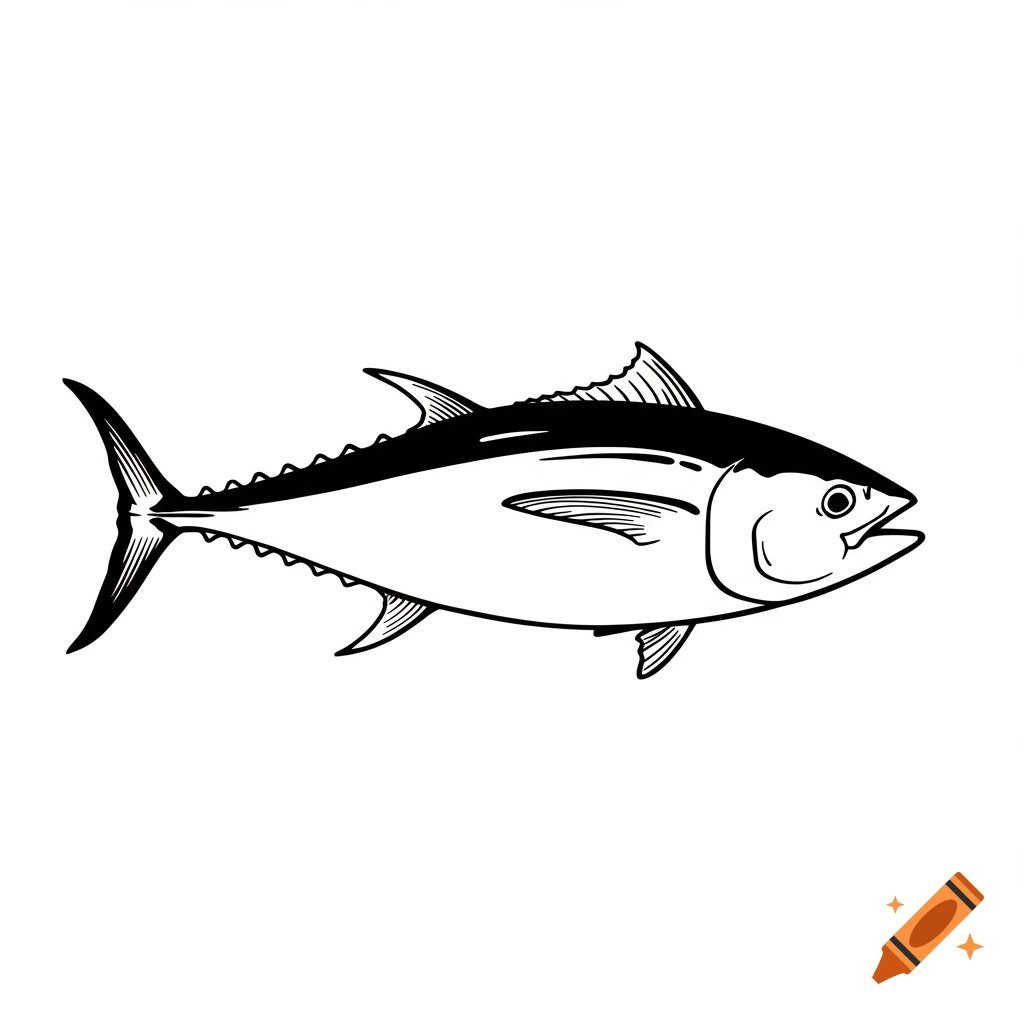 Black outline illustration of a tuna fish on a white background.