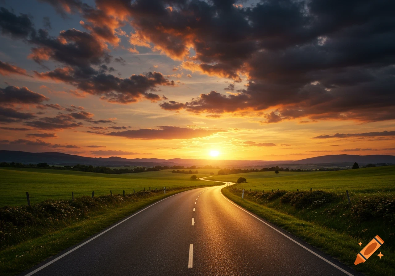 A winding road through lush green fields under a dramatic orange and dark cloud sunset sky.