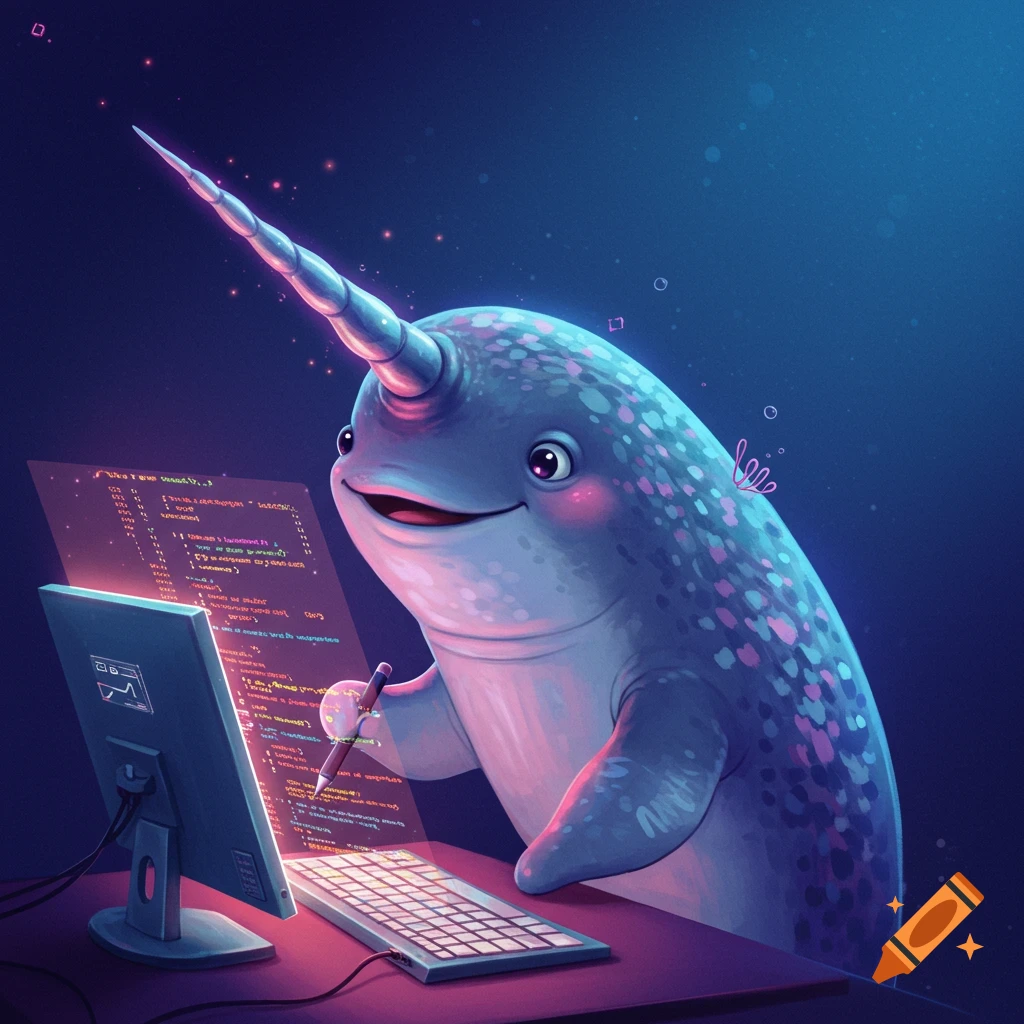 A smiling cartoon narwhal sits at a desk with a monitor and keyboard, writing glowing computer code on a holographic screen.