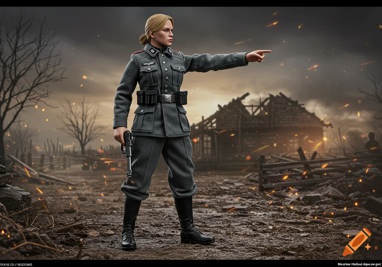 Detailed model kit of a blonde female WWII-inspired soldier in gray uniform, holding a pistol and pointing, on a muddy battlefield.