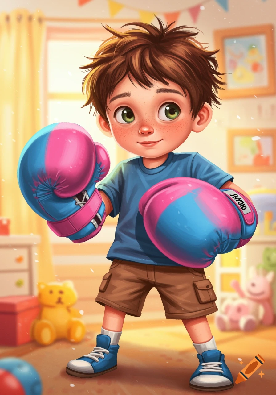 A cute cartoon boy with brown messy hair and green eyes stands in a room, wearing oversized blue and pink boxing gloves and brown shorts.