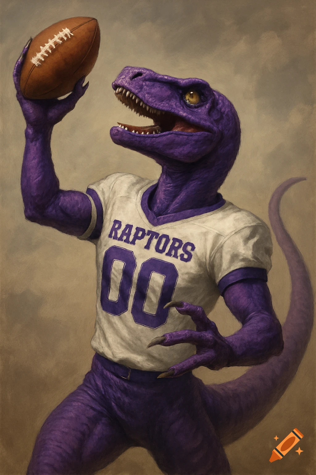 Purple raptor in a white football jersey with 'RAPTORS 00' holds a football, depicted in a painterly style.