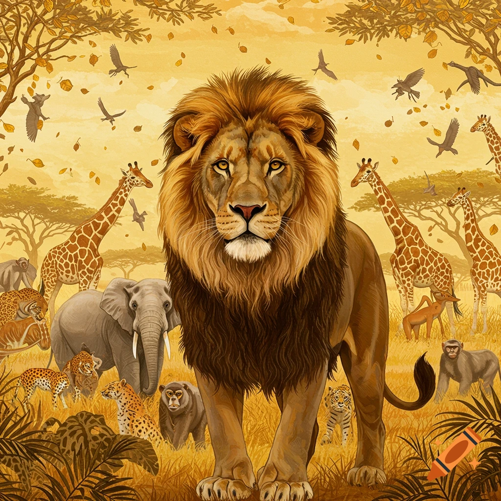 An illustration of a majestic male lion standing prominently amidst various savanna animals, including giraffes, elephants, and cheetahs, under a golden sky with falling leaves.
