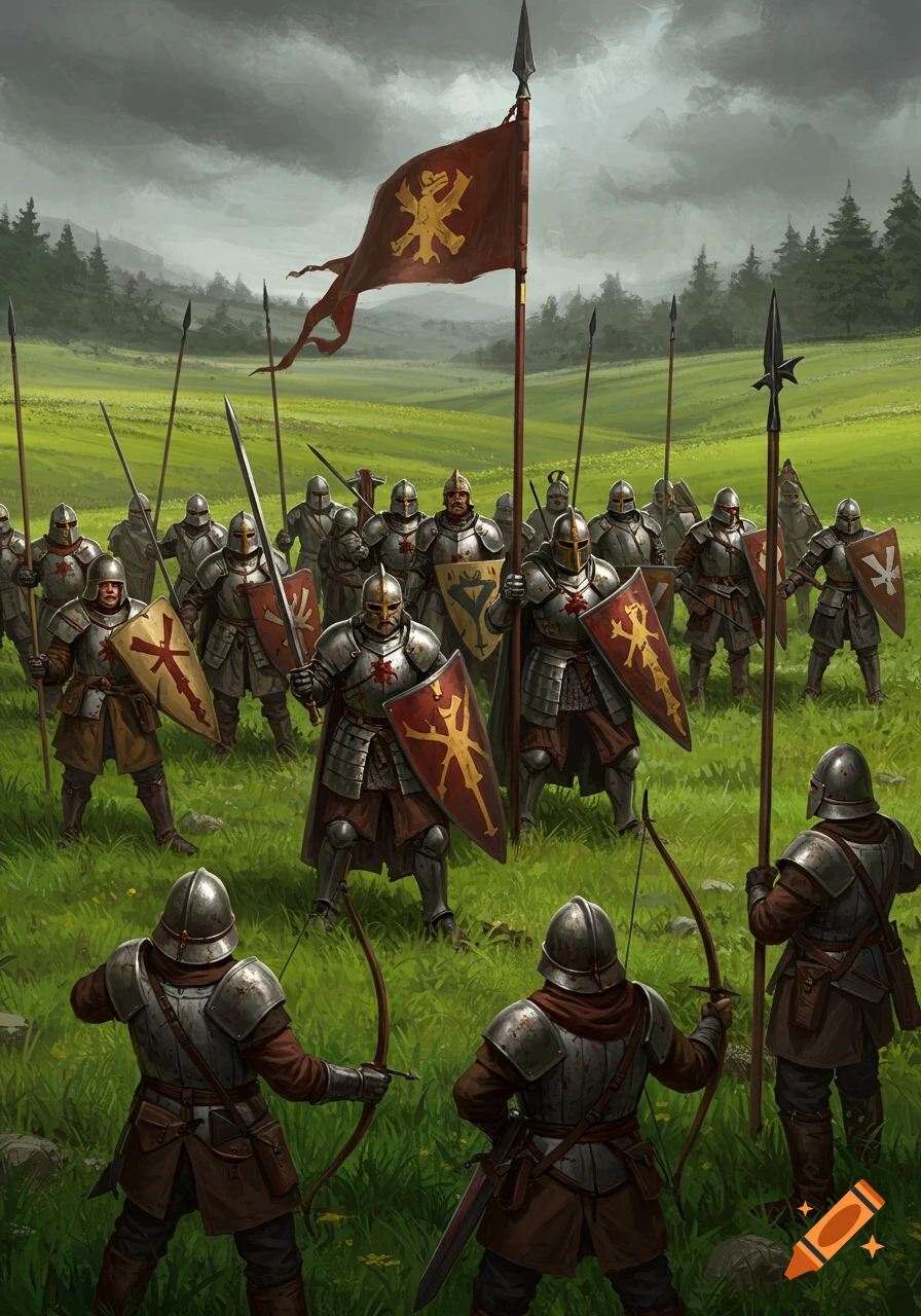An army of armored medieval soldiers, some with swords and shields, others with spears and bows, stand in a green field under a cloudy sky, with a large red banner featuring a golden lion-like symbol flying proudly.